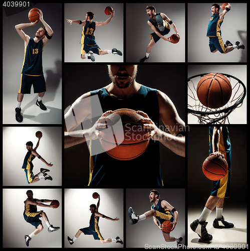 Image of Collage of basketball photos - ball in hands and male player