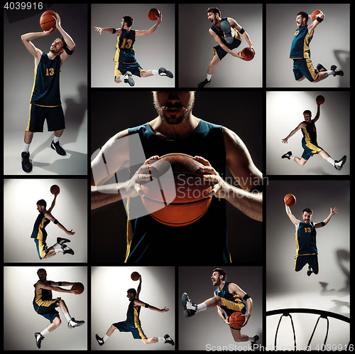 Image of Collage of basketball photos - ball in hands and male player