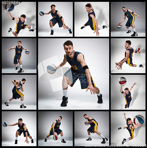 Image of Collage of basketball photos - ball in hands and male player