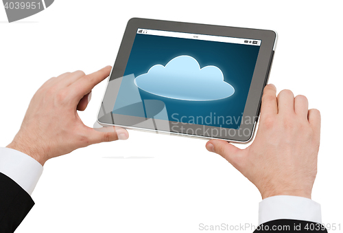 Image of close up of hands with cloud icon on tablet pc