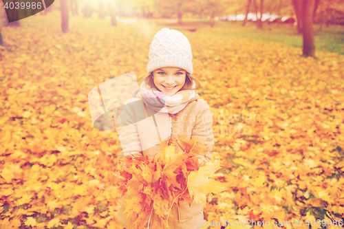 Image of smiling little girl with autumn leaves in park