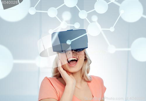 Image of woman in virtual reality headset or 3d glasses