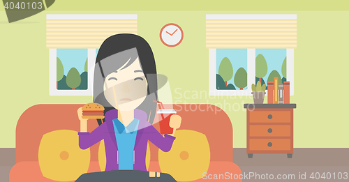 Image of Woman eating hamburger vector illustration.