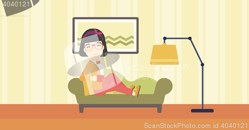 Image of Wioman lying with cup of tea vector illustration.