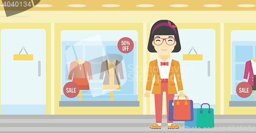 Image of Happy woman with bags vector illustration.