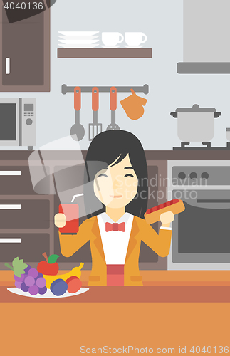Image of Woman eating fast food vector illustration.