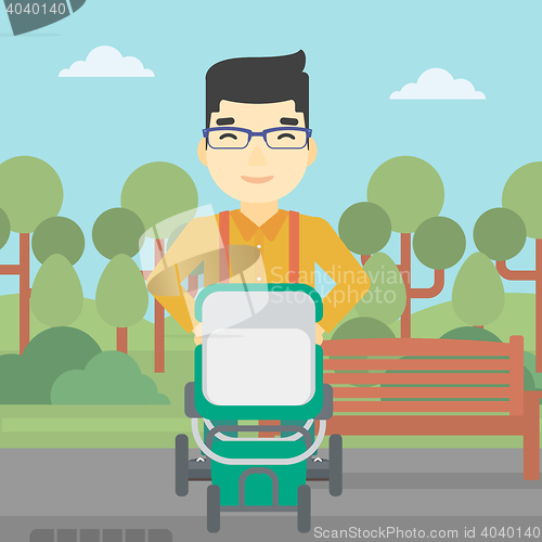 Image of Father walking with baby stroller.