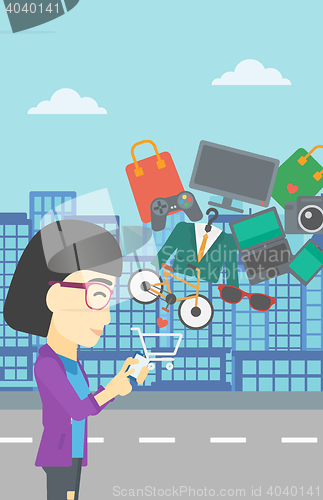 Image of Woman making purchases online vector illustration.