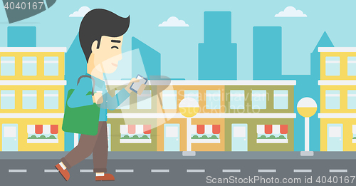 Image of Man walking with smartphone vector illustration.