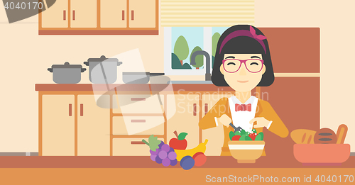 Image of Woman cooking vegetable salad vector illustration.