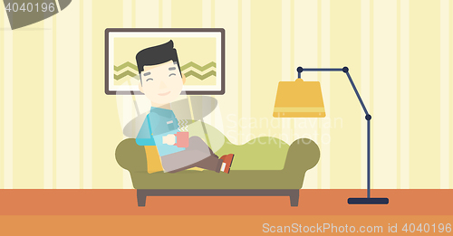 Image of Man lying with cup of tea vector illustration.