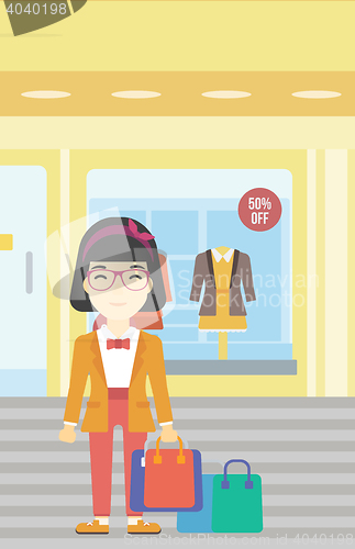 Image of Happy woman with bags vector illustration.