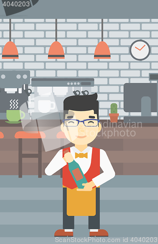 Image of Waiter holding bottle of wine vector illustration.