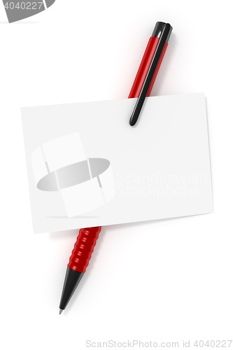 Image of a blank business card and a red ball pen