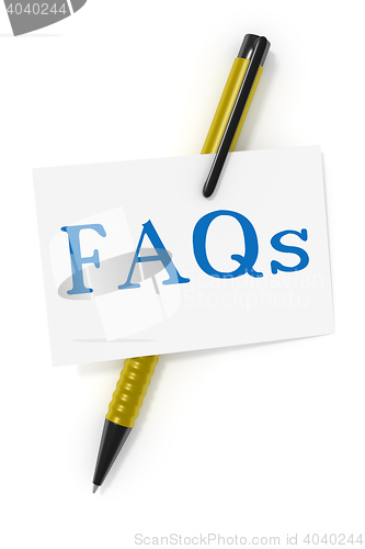 Image of business card a ball pen and the text FAQs