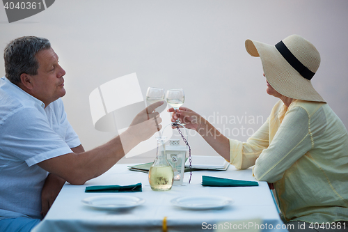Image of Romantic middle-aged couple toasting each other