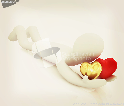 Image of 3D human lying and holds hearts. 3D illustration. Vintage style.