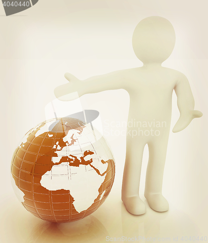 Image of 3d people - man, person presenting - pointing. Global concept wi