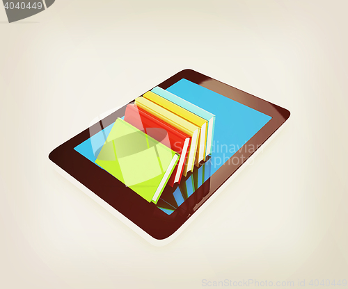 Image of tablet pc and colorful real books. 3D illustration. Vintage styl