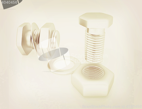 Image of stainless steel bolts with a nuts and washers. 3D illustration. 