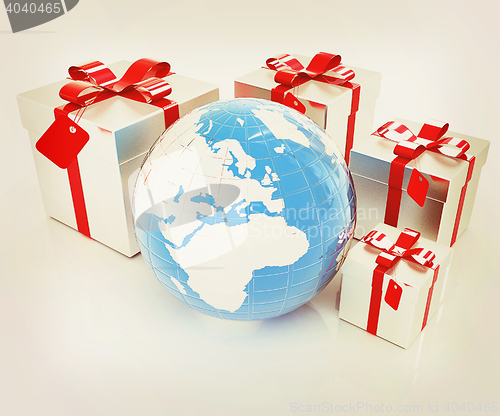 Image of Earth and gifts. 3D illustration. Vintage style.