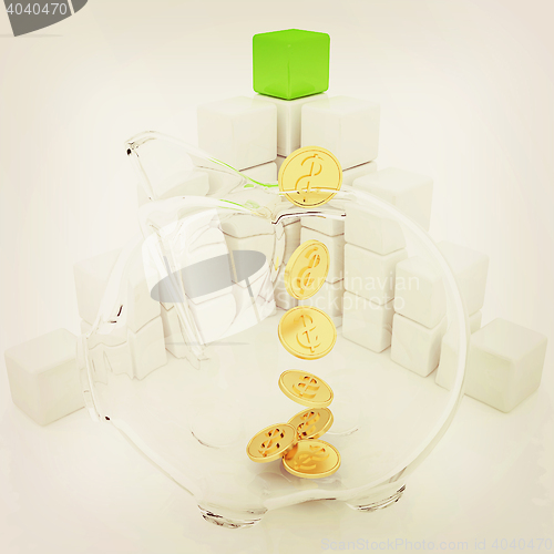 Image of cubic diagram structure and piggy bank. 3D illustration. Vintage