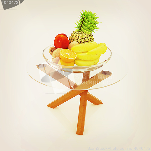 Image of Citrus in a glass dish on exotic glass table with wooden legs. 3