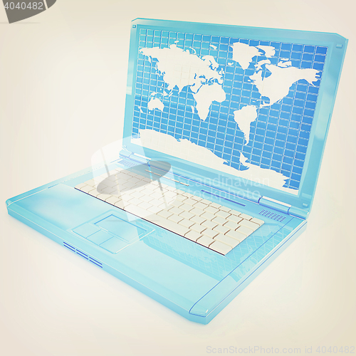 Image of Laptop with world map on screen. 3D illustration. Vintage style.