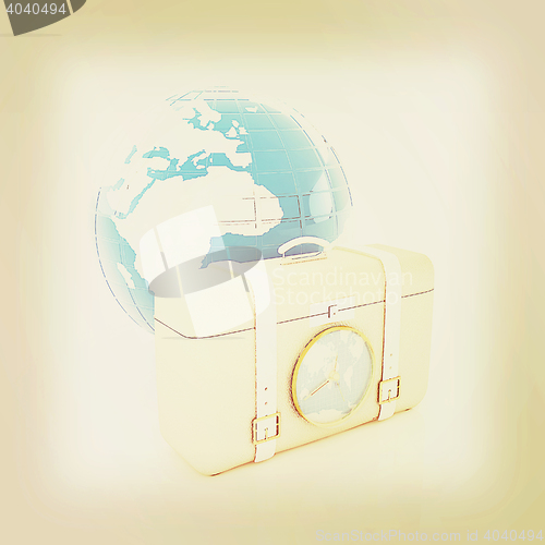Image of Suitcase for travel end Earth. 3D illustration. Vintage style.