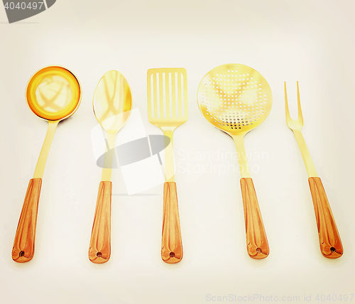 Image of gold cutlery on white background . 3D illustration. Vintage styl