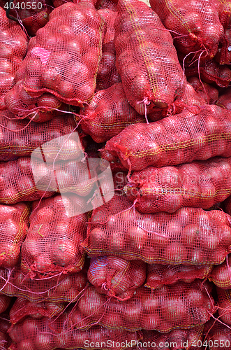 Image of Sacs containing Large onion stacked for sale