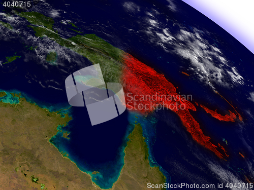 Image of Papua New Guinea from space highlighted in red