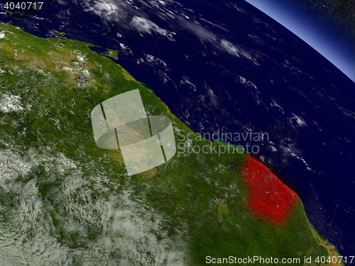 Image of French Guiana from space highlighted in red