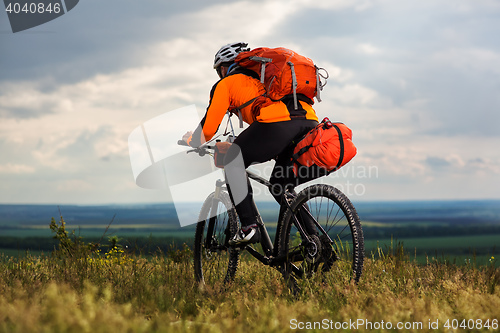 Image of Young man cycling on a rural road through green meadow