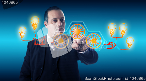 Image of Smart Businessman Activating Solar Energy Buttons