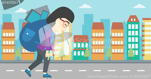 Image of Woman with backpack full of electronic devices.