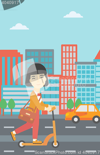 Image of Woman riding kick scooter vector illustration.