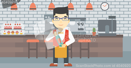 Image of Waiter holding bottle of wine vector illustration.