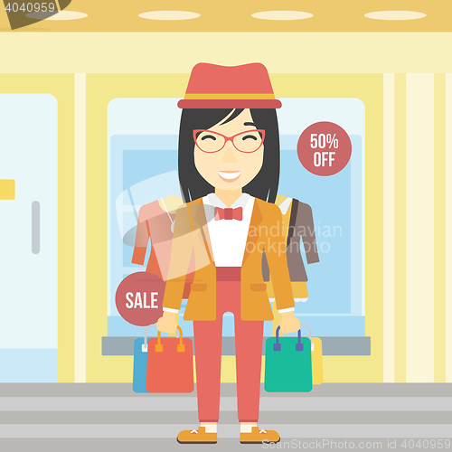 Image of Happy woman with bags vector illustration.