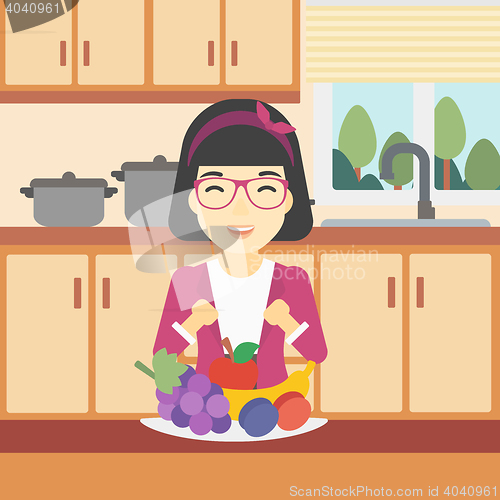 Image of Woman with fresh fruits vector illustration.