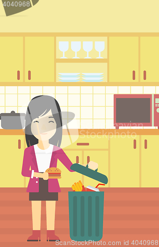 Image of Woman throwing junk food vector illustration.