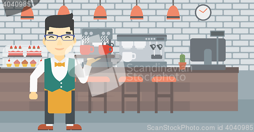 Image of Waiter holding tray with cups of coffeee or tea.