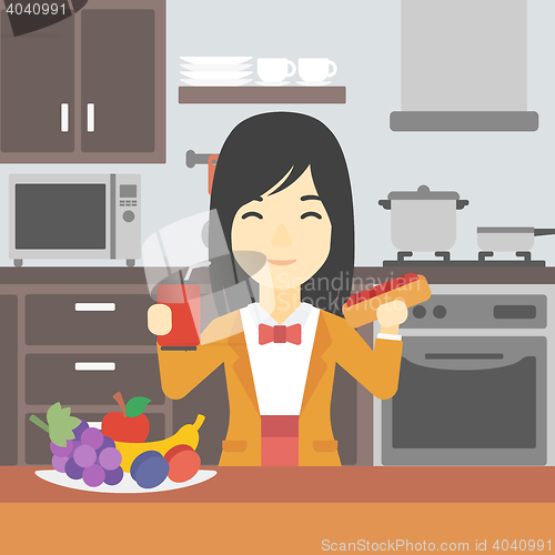 Image of Woman eating fast food vector illustration.