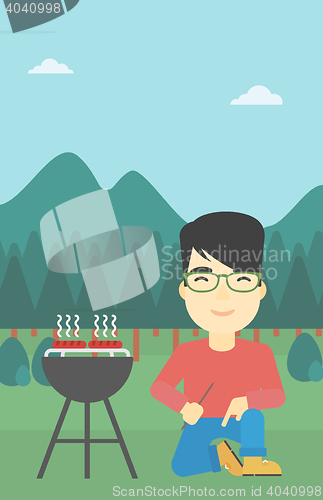 Image of Man cooking meat on barbecue vector illustration.