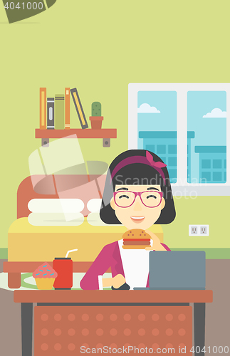 Image of Woman eating hamburger vector illustration.