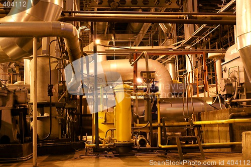 Image of Pipes and tubes and chimney at a power plant