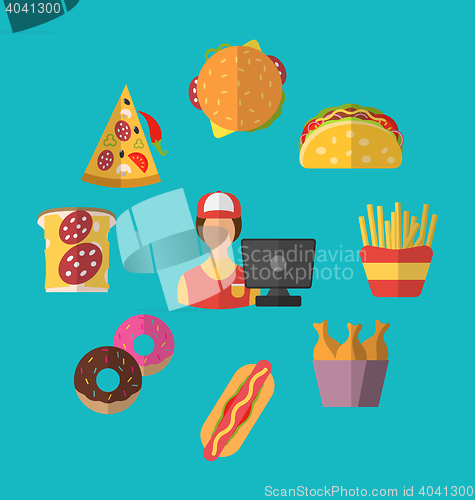 Image of Set Fast Food Flat Icons with Cashier Seller