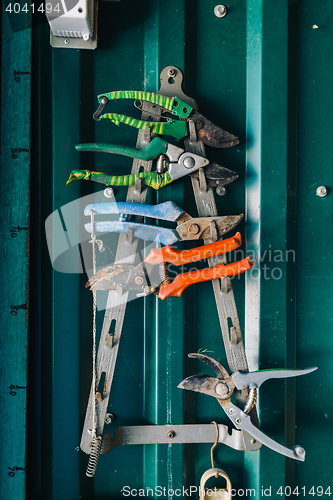 Image of Colorful pliers hanging on rack