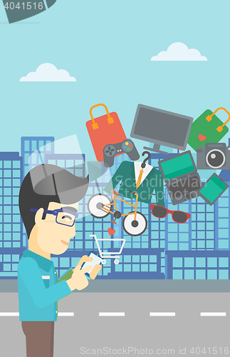 Image of Man making purchases online vector illustration.