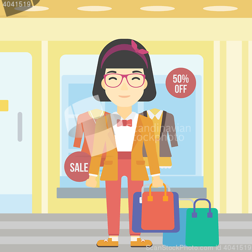 Image of Happy woman with bags vector illustration.